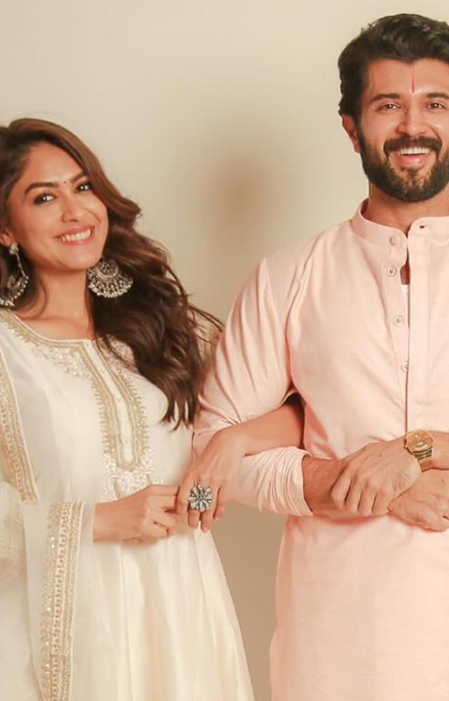 At the Family Star function in Hyderabad, Vijay Deverakonda and Mrunal Thakur stun in traditional attire. View candid photos from the event